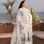 Luxury emroided lawn cream with blue embroidery