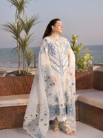 Luxury emroided lawn cream with blue embroidery